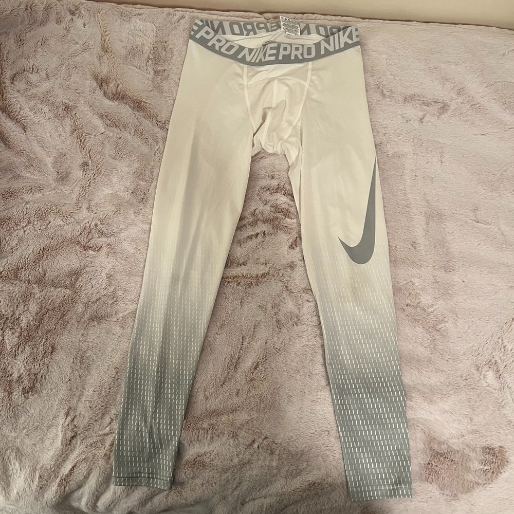 Nike Pro Leggings, White w/ Gray Design on Ankle, Medium, 90%Poly., 10%Spandex